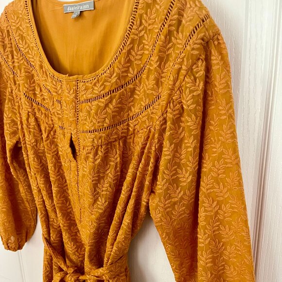 Anthropologie Daniel Rainn Mustard Yellow Embroidered Belted 3/4 Sleeve Dress - Picture 3 of 16